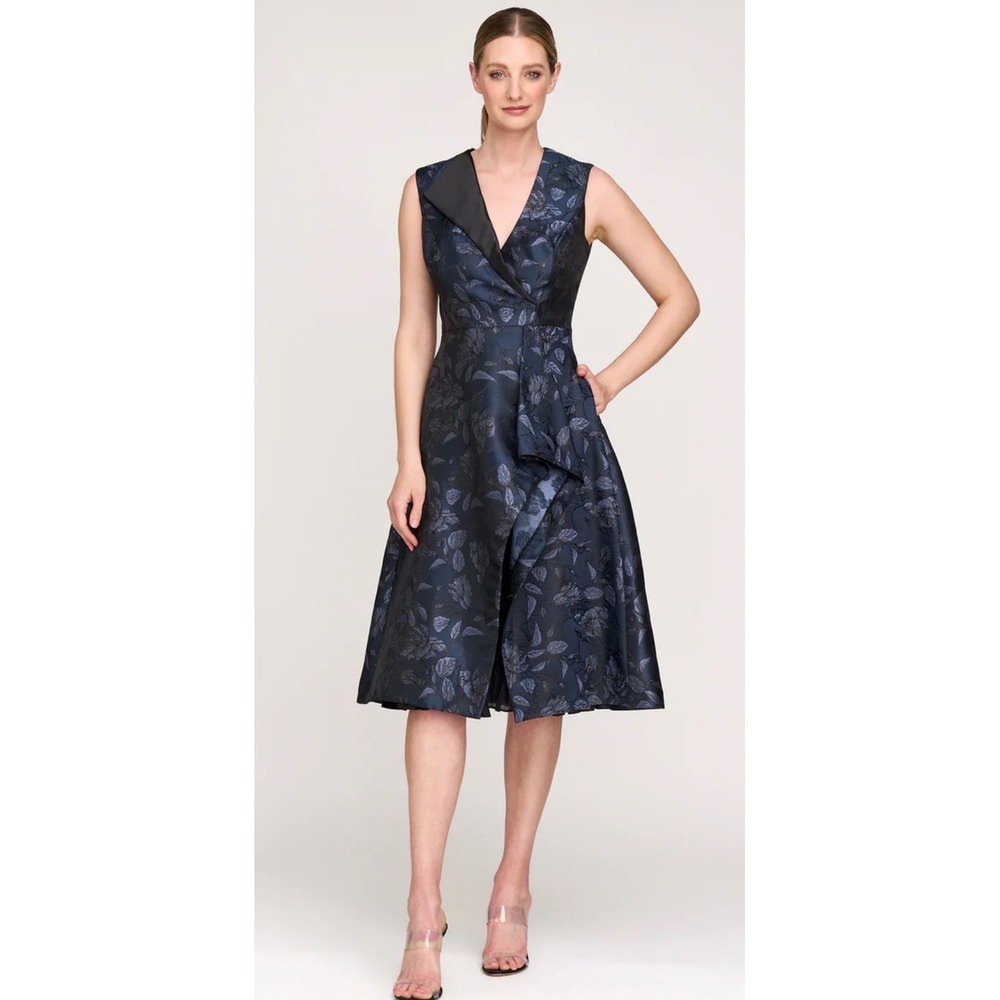 Kay‎ Unger Lottie Midi Dress Dark Midnight Floral Jacquard Blue 10 55112856